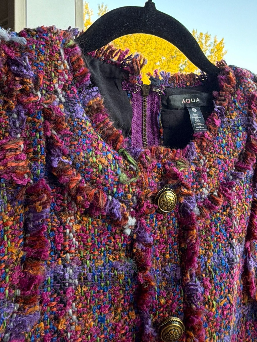 🆕💗💜AQUA Multicolor Tweed Plaid Sleeveless Mini Dress Gold Buttons Size S - Picture 14 of 17